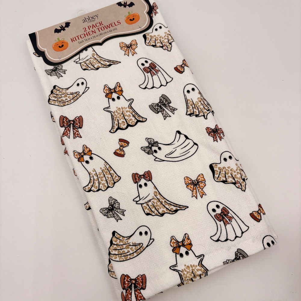 Abbey Cottage Halloween Ghost Leopard Bow Kitchen Towels 2 Pack 16x26 Cotton NEW